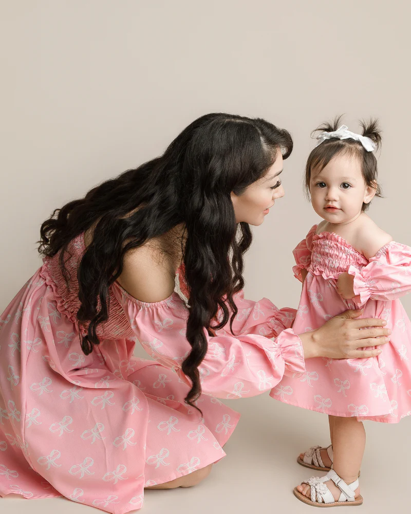Calliope Puff Sleeve Off Shoulder Dress - Pink Bows - Image 2