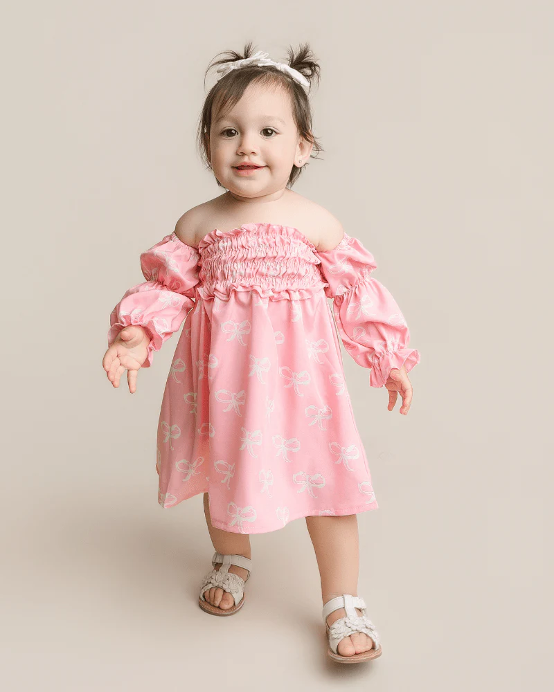 Calliope Puff Sleeve Off Shoulder Dress - Pink Bows - Image 3