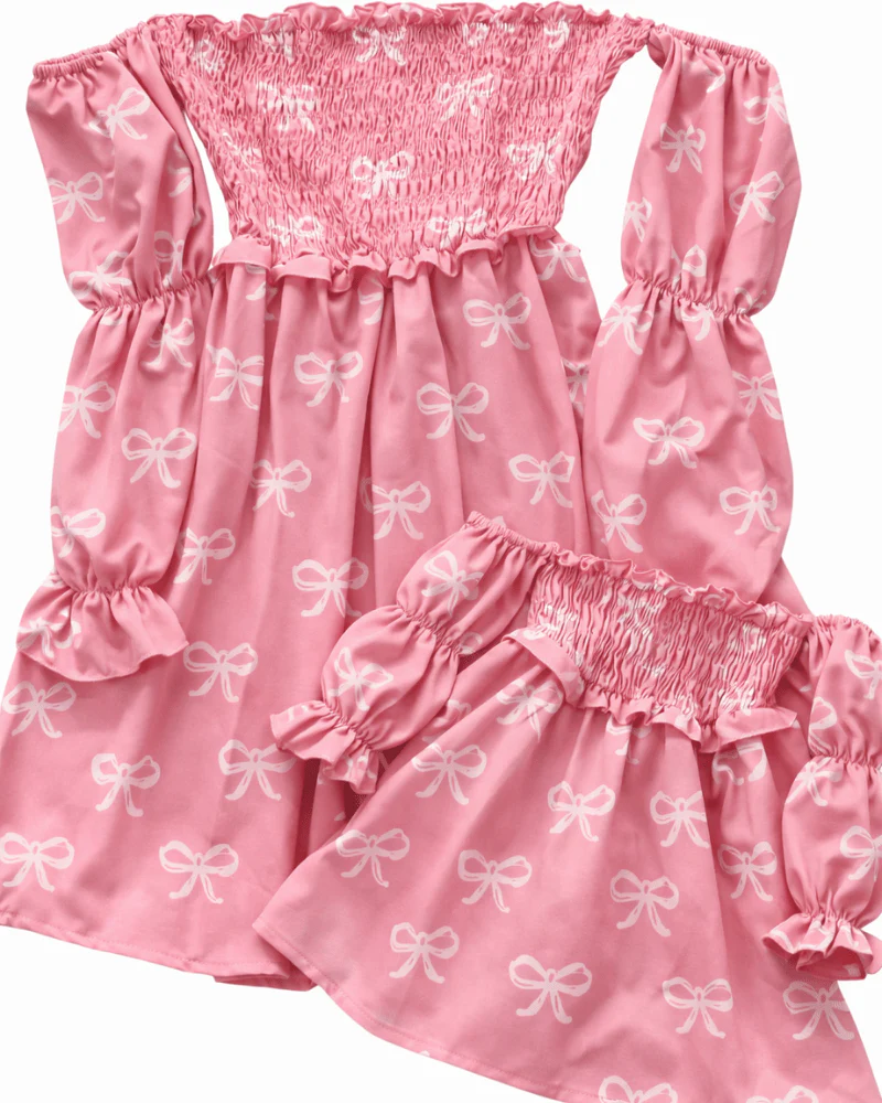 Calliope Puff Sleeve Off Shoulder Dress - Pink Bows - Image 4