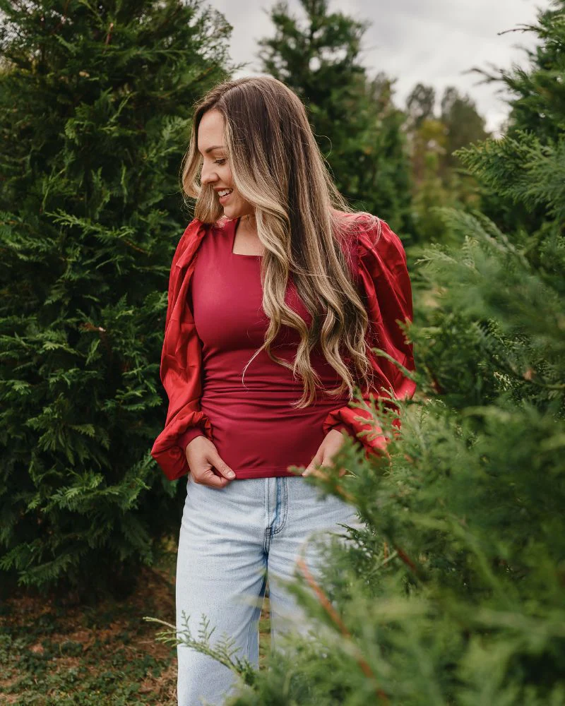 Evangeline Satin Sleeve Top & Leotard - Crimson Red - Image 7